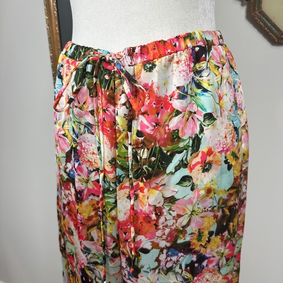 Lavender Brown Retro Bright Floral Satin Pants w/ Elastic Waist - SIZE M - Picture 3 of 6